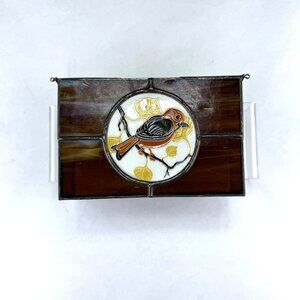 Vintage Leaded Slag Stained Glass Box With Inlayed Bird Design